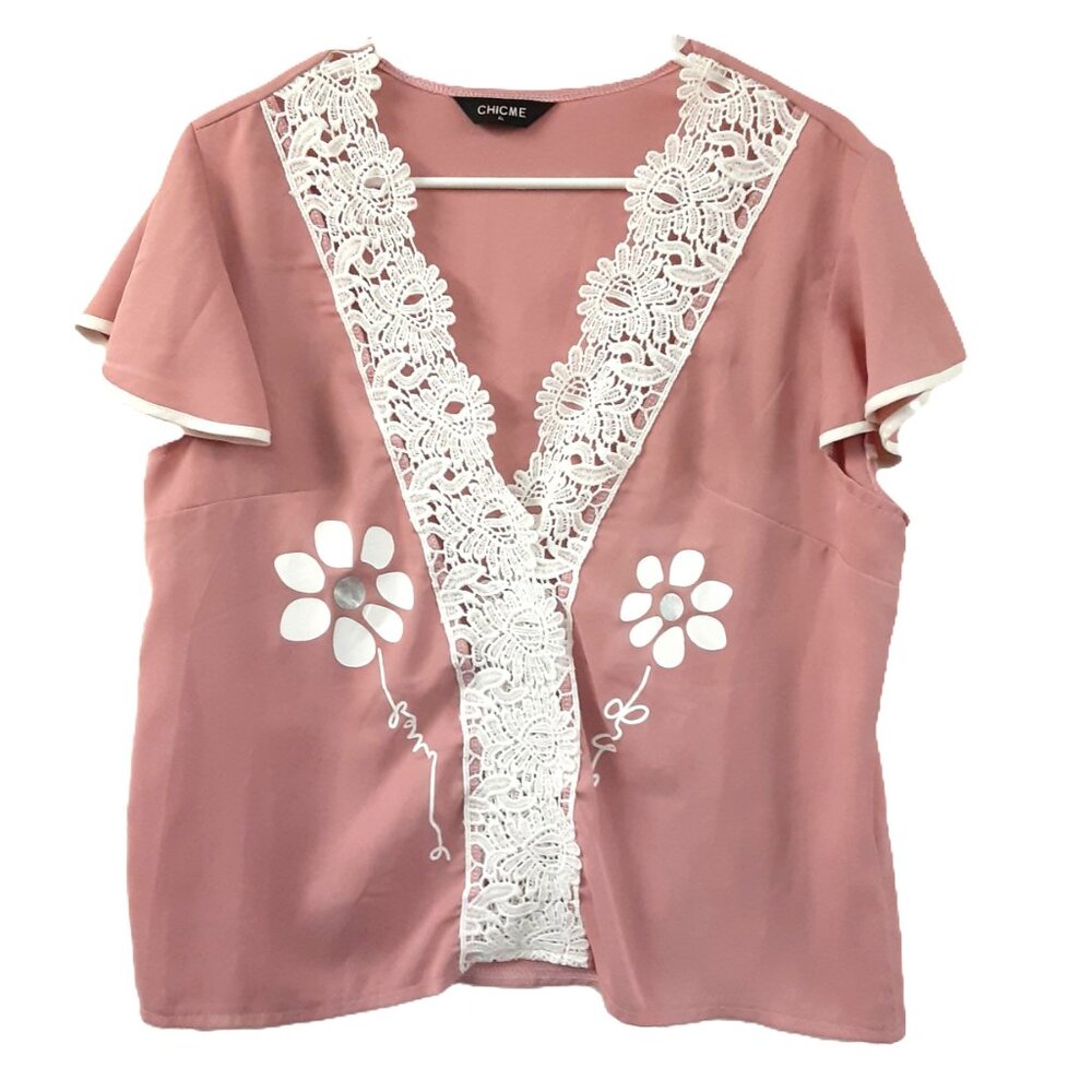 ChicMe Womans Blouse Size XL Lace Trim Floral Short Sleeve Casual Lightweight